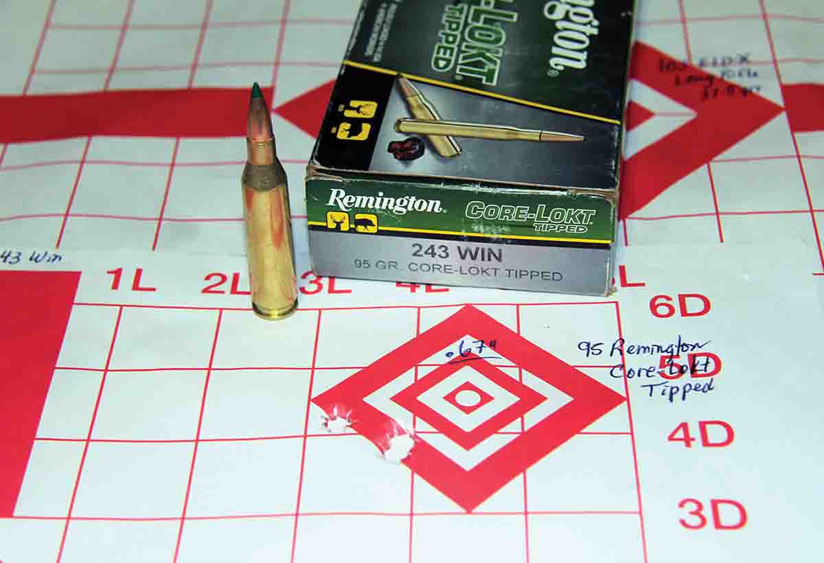 Remington’s 243 Winchester factory load, including a Core-Lokt 95-grain Tipped bullet, produced a .67-inch group at 2,992 fps.